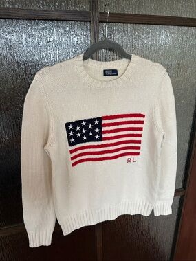 Polo Ralph Lauren Cream Crewneck Knit Sweater with Flag Stripe size Medium